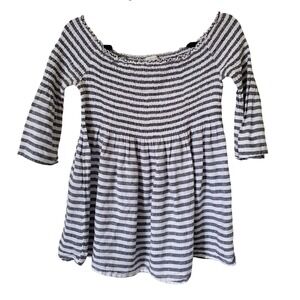 C&C California Womens Black White Striped 100% Linen Smocked Bell Sleeve Top M